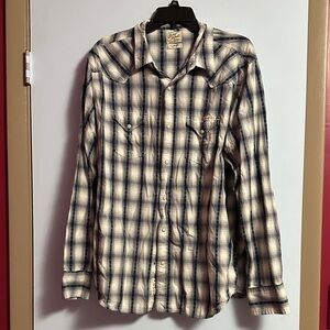 Lucky Brand Blue and Cream Plaid Pearl Snap Shirt